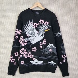 Black Sweater with Crane and Cherry Blossom Design
